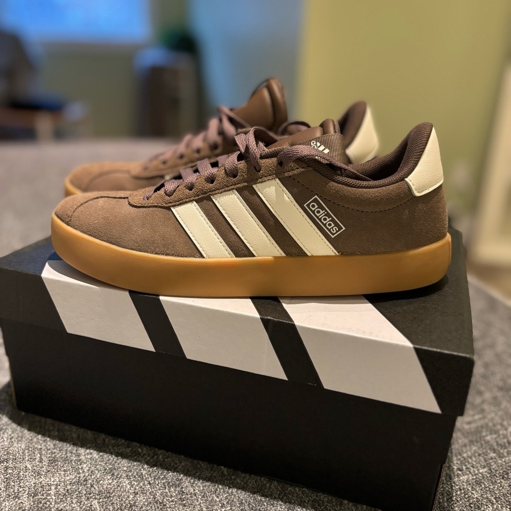 adidas Women’s Brown Suede Sneakers with Cream Stripes and Gum Sole